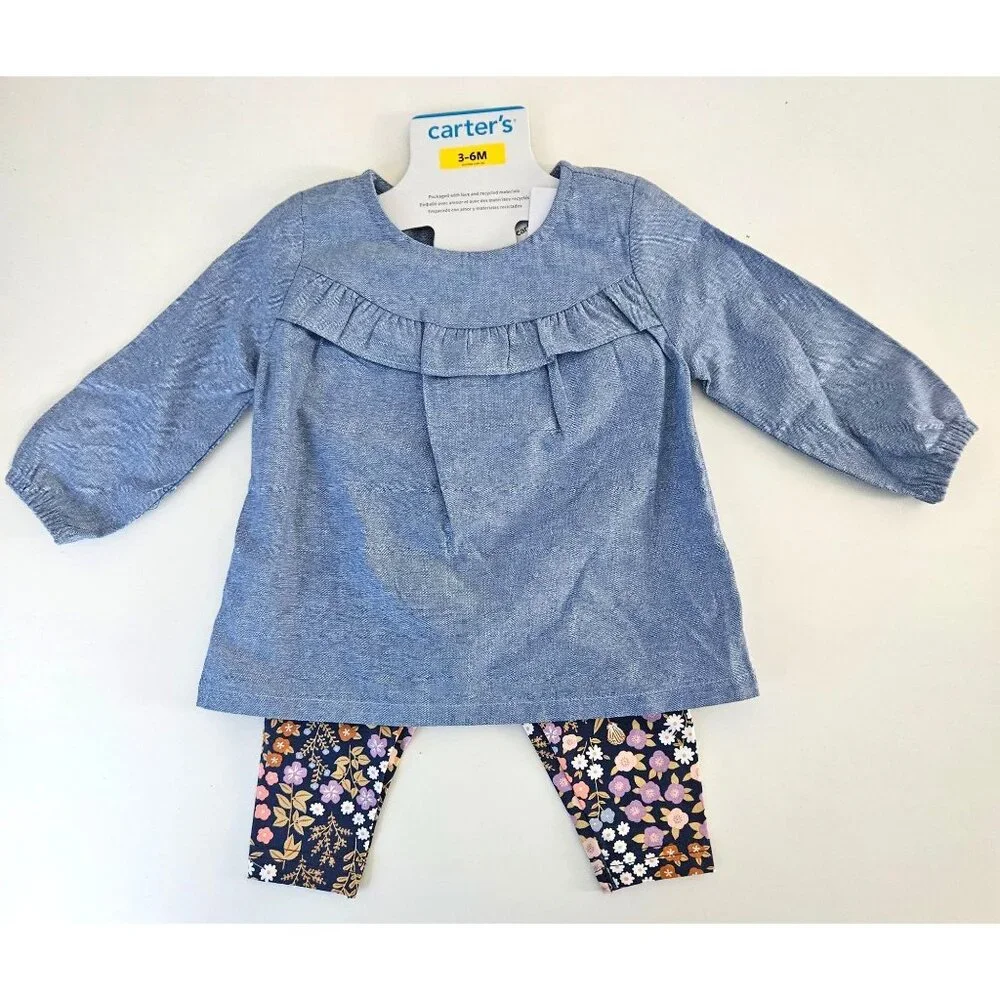 Carters Baby Girls 2-Piece Chambray Top & Floral Leggings Outfit Set 6 Month